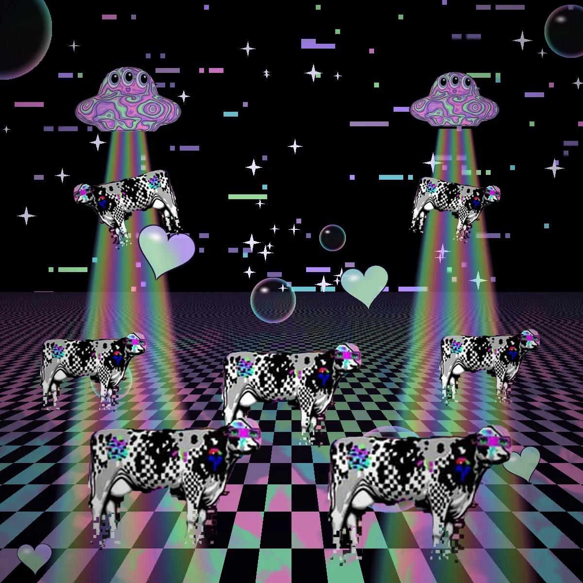 A herd of glitch cows under twin UFOs
